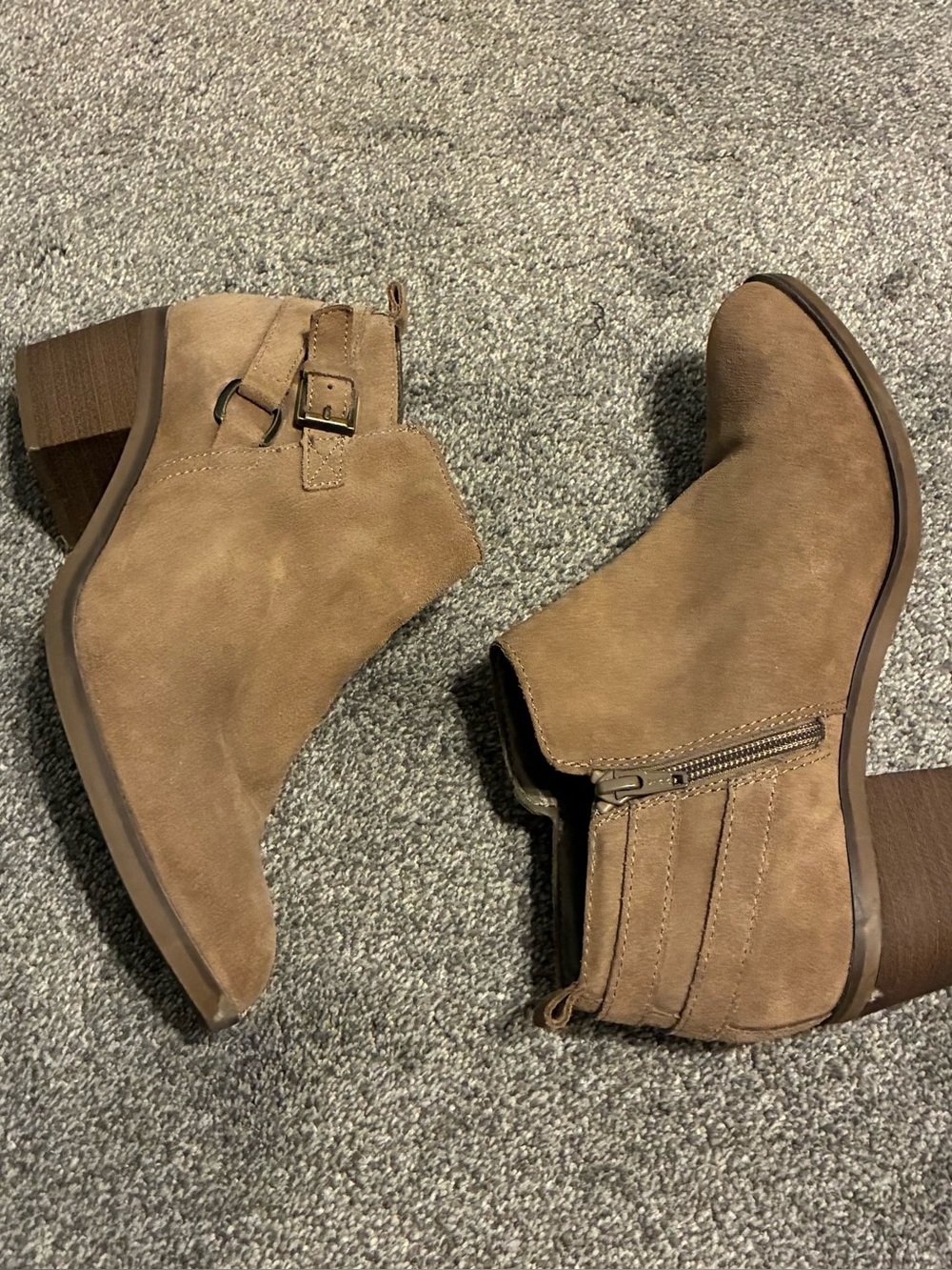 Sonoma Tan Suede Ankle Booties with Low Block Heel and Buckle